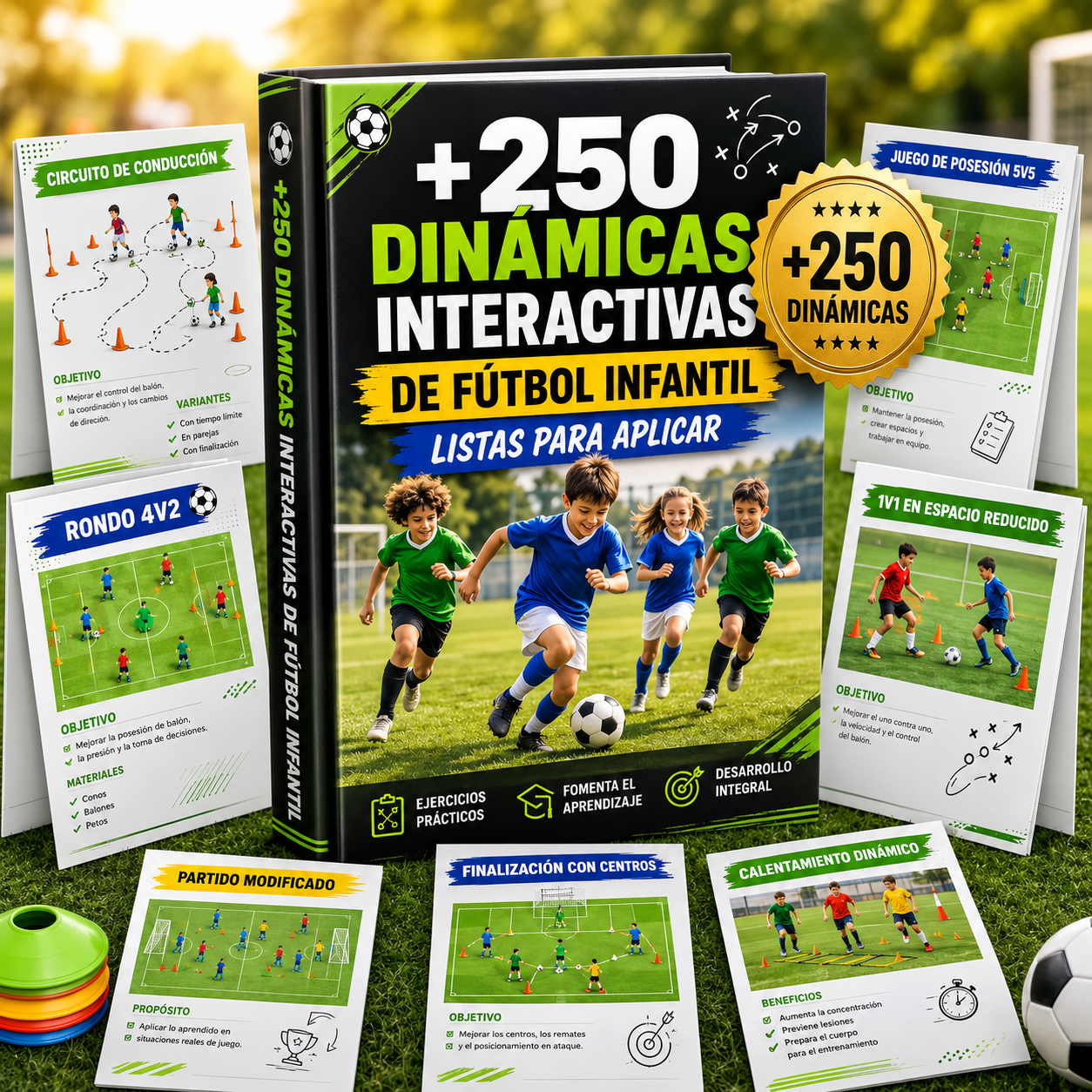 Mockup del producto +250 Dinámicas Interactivas de Fútbol Infantil