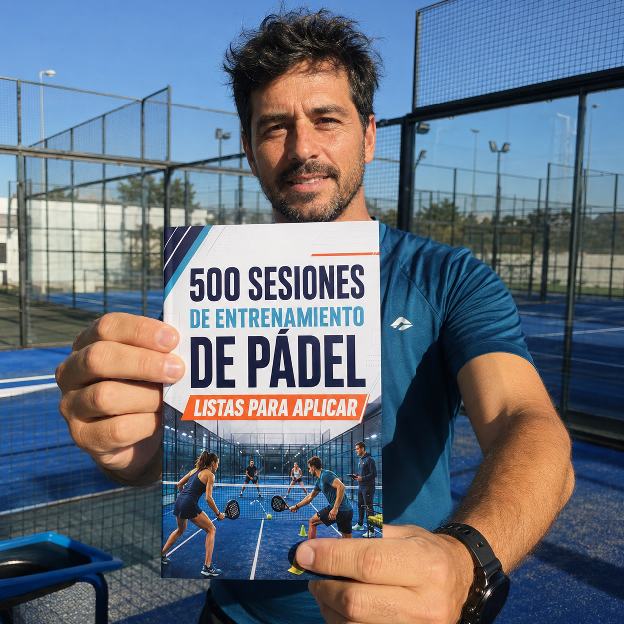 Entrenador de pádel consultando el material